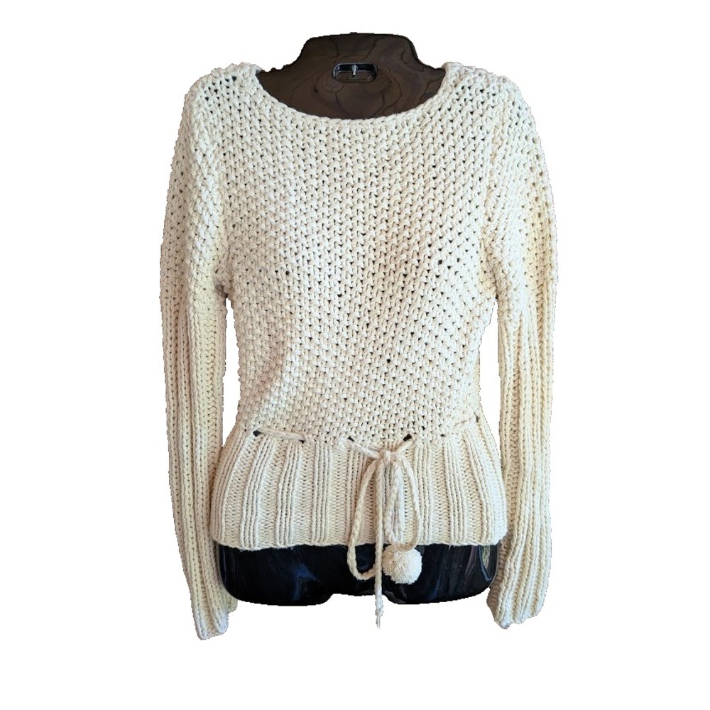 Anthropologie Hand Knit by Dollie Women Sweater Size S Cinched Tie Waist Pom Pom